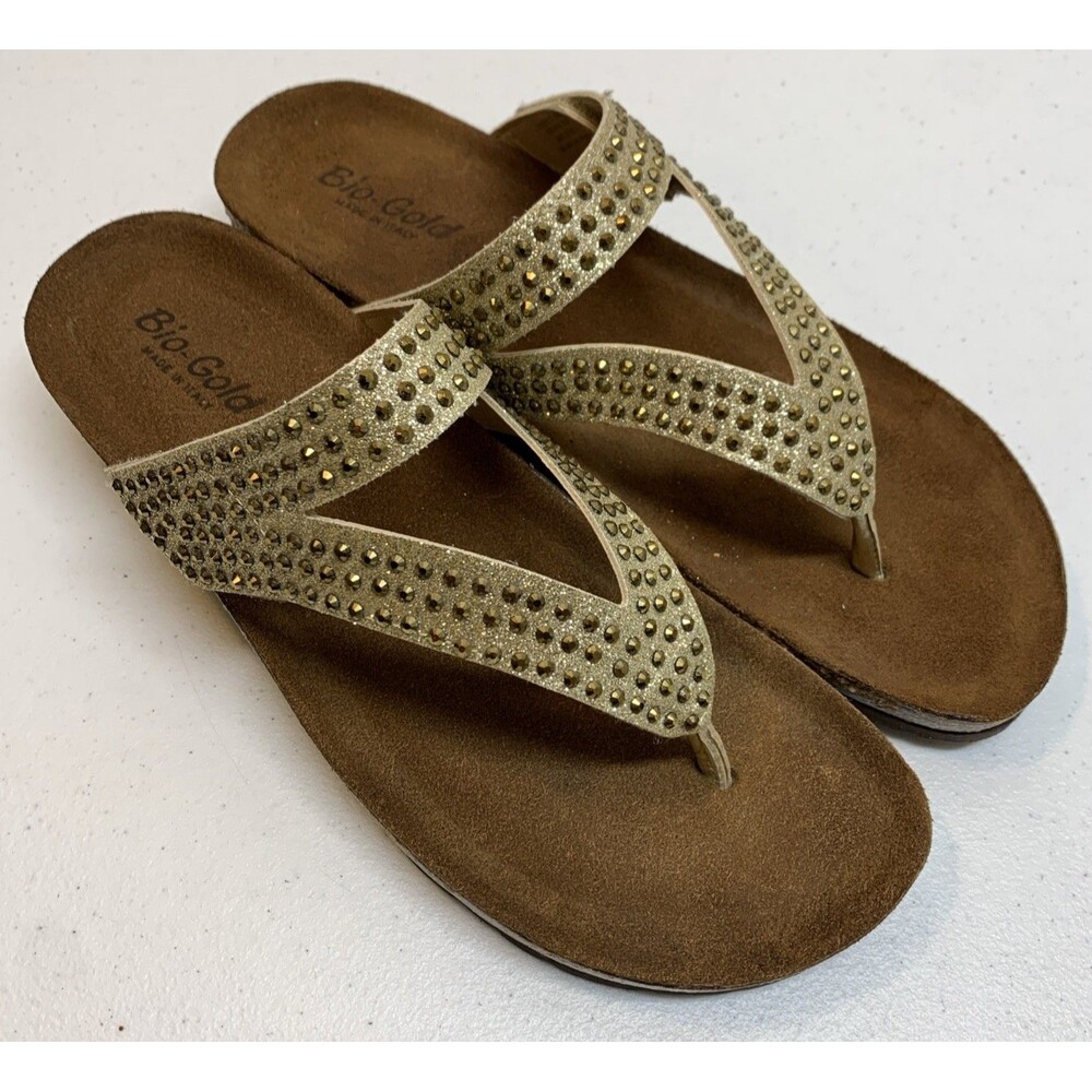 Bio-Gold Italian Wedge Sandals Womens 9 Gold Strappy Rhinestones Glitter Slip On
